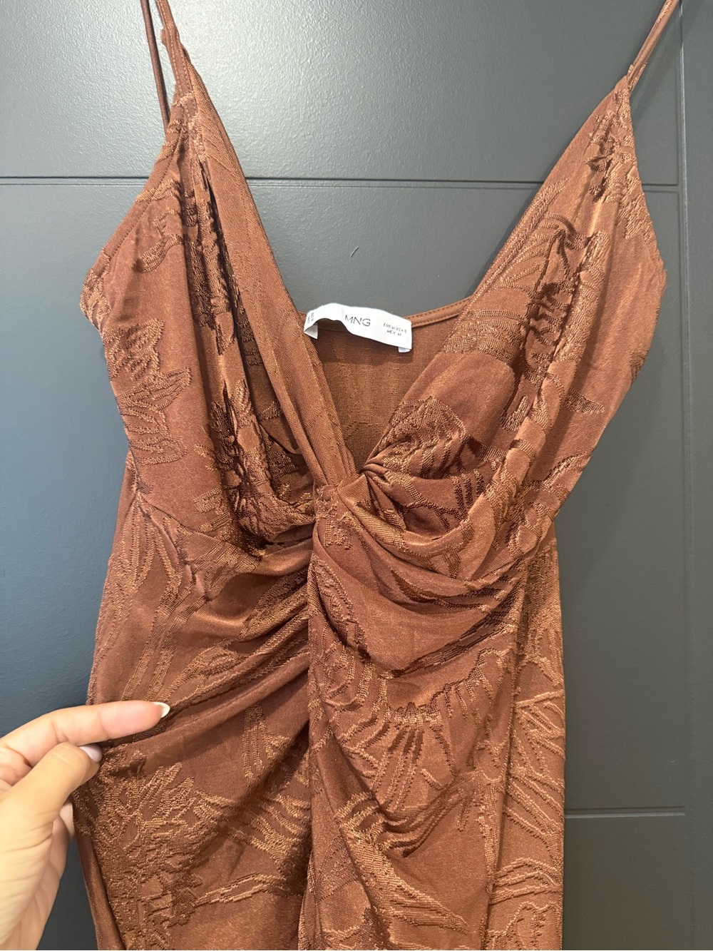 Mango Copper Brown Satin Jacquard Twist Slip Dress